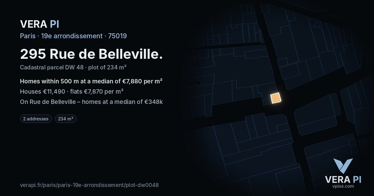 295 Rue de Belleville, 19e arrondissement at night – the plot lit, the parcels around coloured by the prices near them