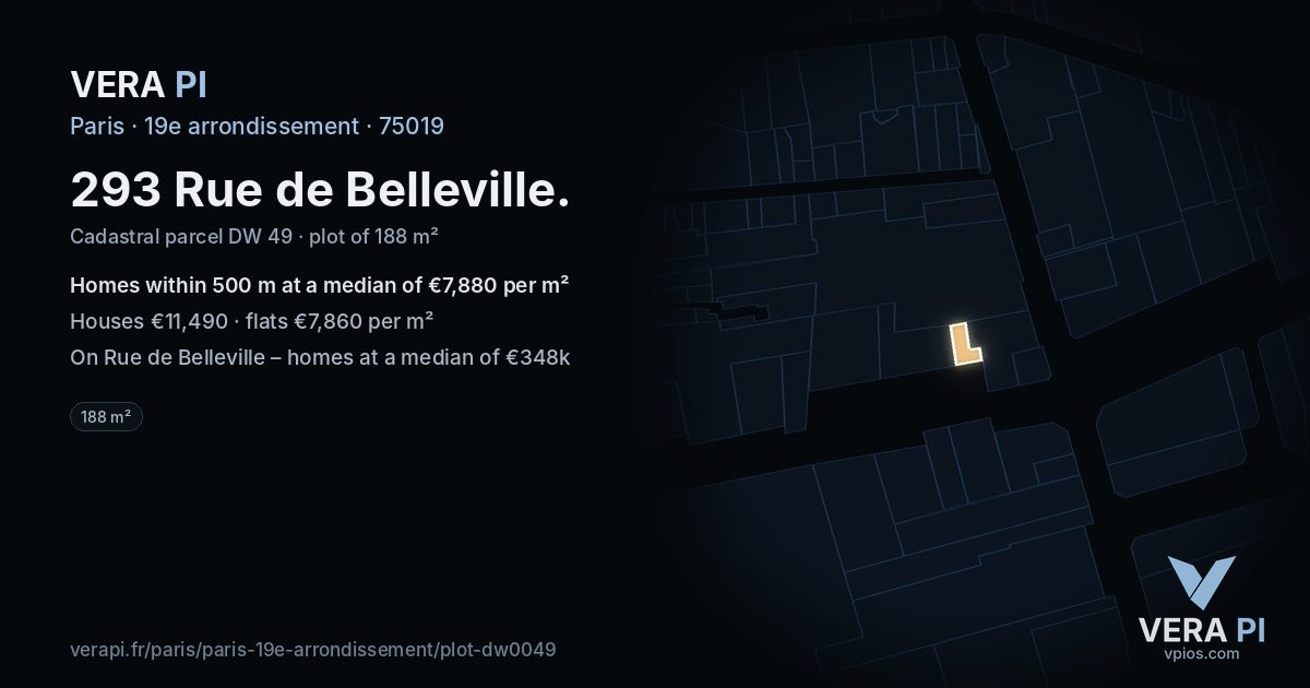293 Rue de Belleville, 19e arrondissement at night – the plot lit, the parcels around coloured by the prices near them