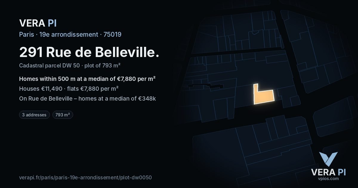 291 Rue de Belleville, 19e arrondissement at night – the plot lit, the parcels around coloured by the prices near them