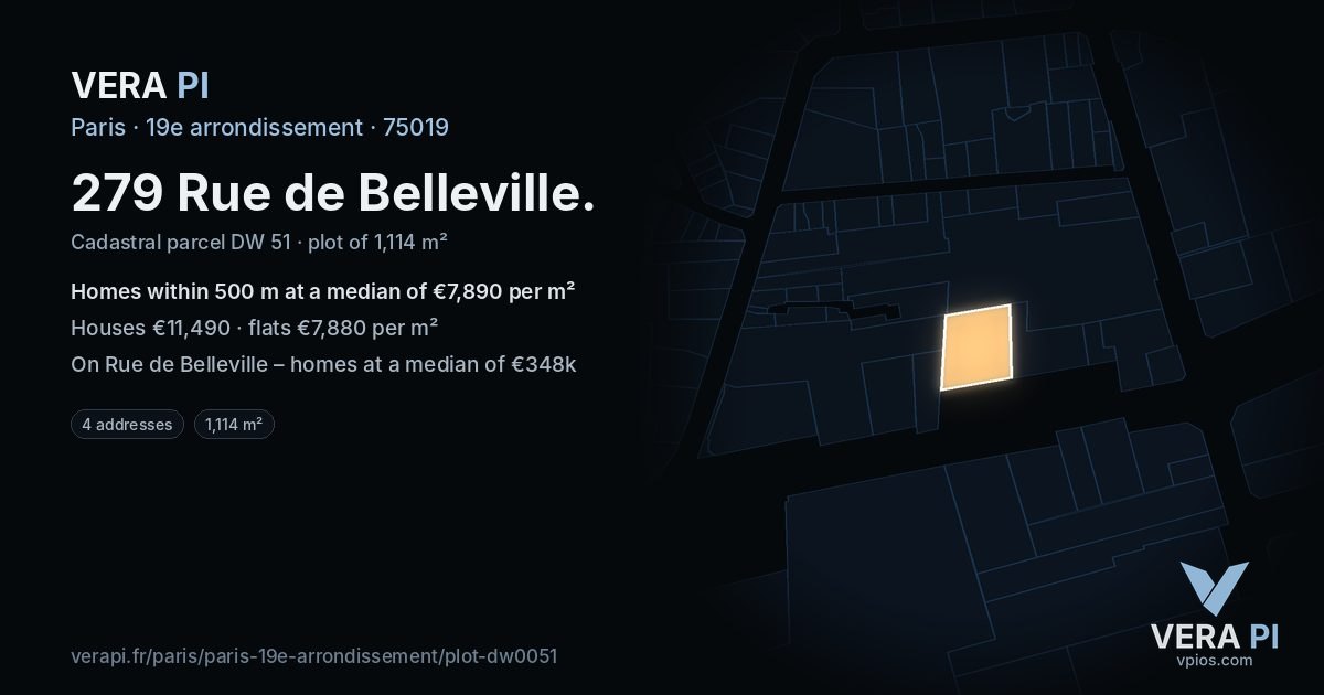 279 Rue de Belleville, 19e arrondissement at night – the plot lit, the parcels around coloured by the prices near them