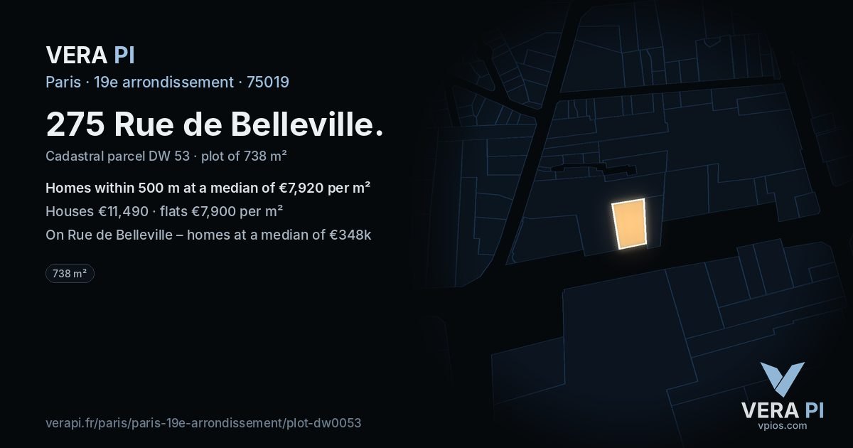 275 Rue de Belleville, 19e arrondissement at night – the plot lit, the parcels around coloured by the prices near them
