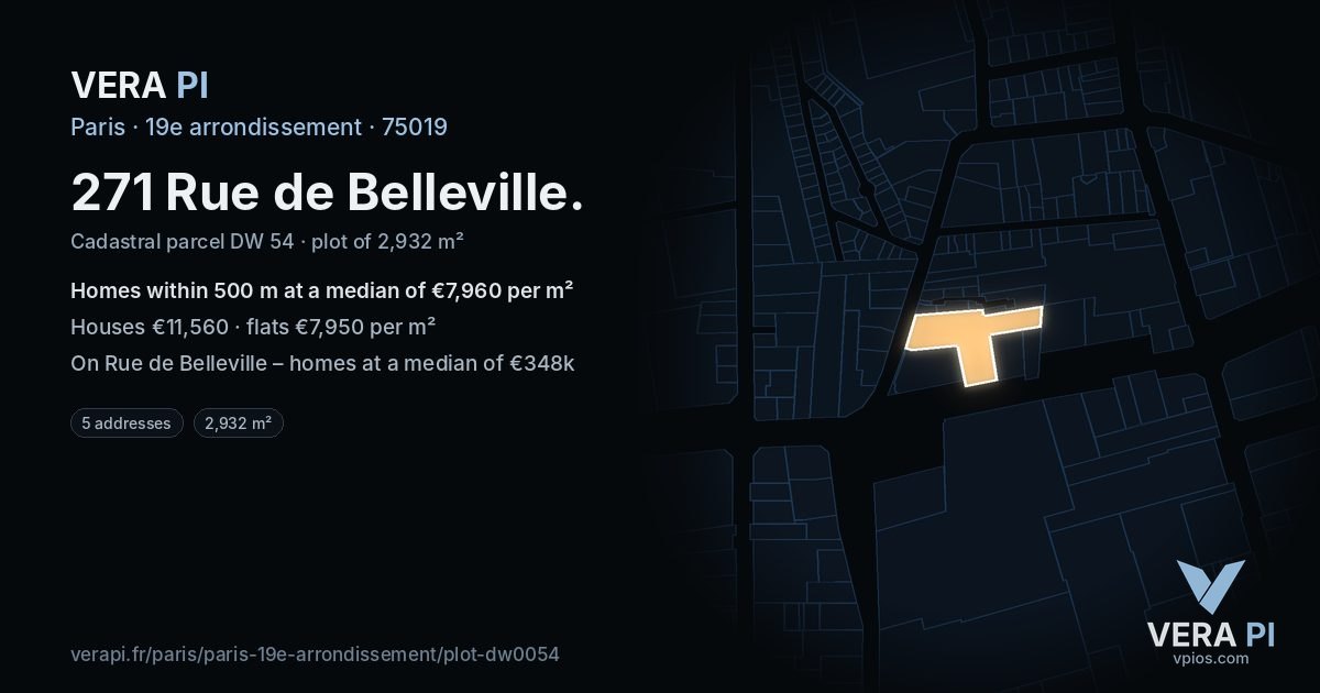 271 Rue de Belleville, 19e arrondissement at night – the plot lit, the parcels around coloured by the prices near them