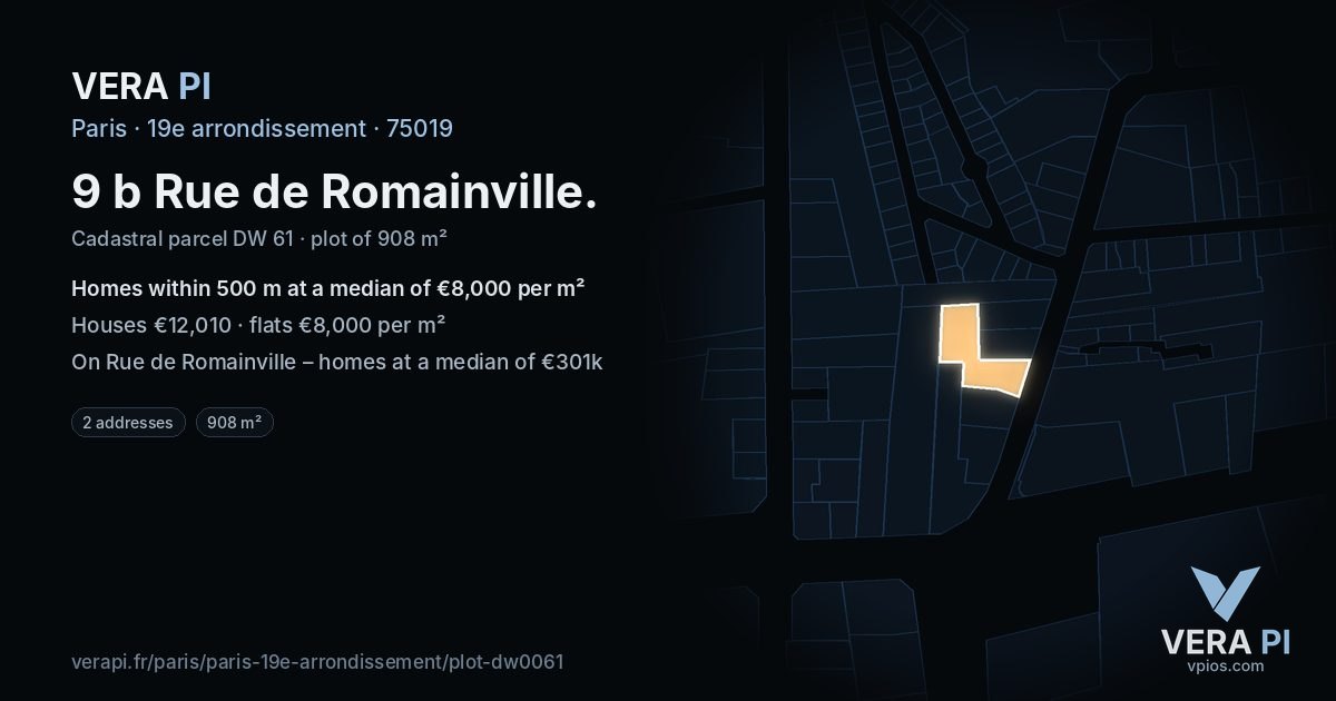 9 b Rue de Romainville, 19e arrondissement at night – the plot lit, the parcels around coloured by the prices near them