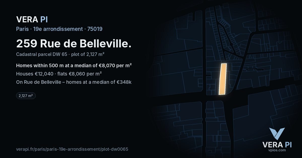 259 Rue de Belleville, 19e arrondissement at night – the plot lit, the parcels around coloured by the prices near them