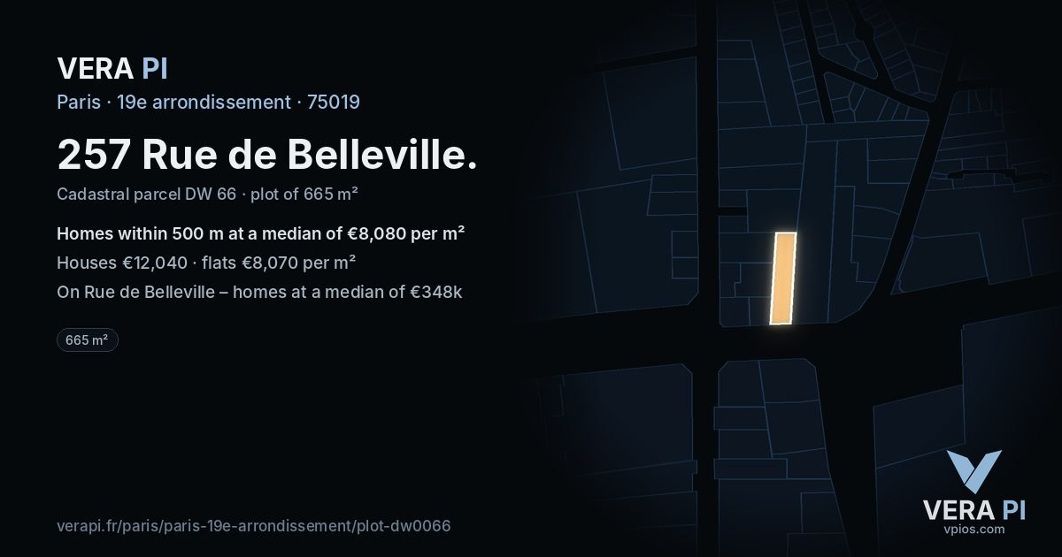 257 Rue de Belleville, 19e arrondissement at night – the plot lit, the parcels around coloured by the prices near them