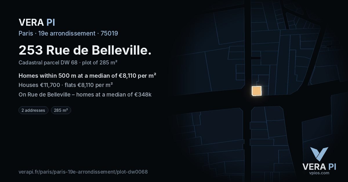 253 Rue de Belleville, 19e arrondissement at night – the plot lit, the parcels around coloured by the prices near them