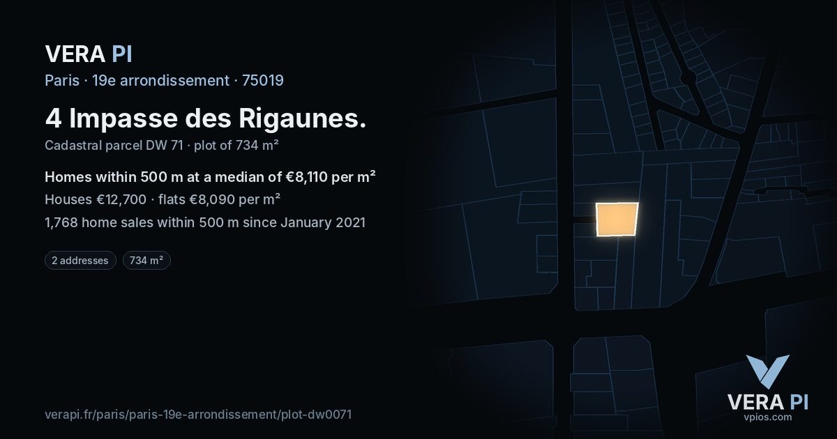 4 Impasse des Rigaunes, 19e arrondissement at night – the plot lit, the parcels around coloured by the prices near them