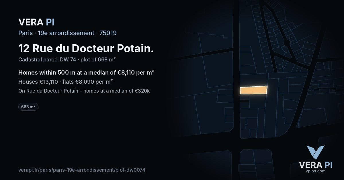 12 Rue du Docteur Potain, 19e arrondissement at night – the plot lit, the parcels around coloured by the prices near them