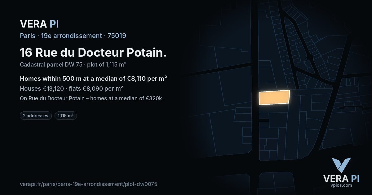 16 Rue du Docteur Potain, 19e arrondissement at night – the plot lit, the parcels around coloured by the prices near them