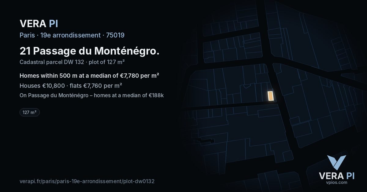 21 Passage du Monténégro, 19e arrondissement at night – the plot lit, the parcels around coloured by the prices near them