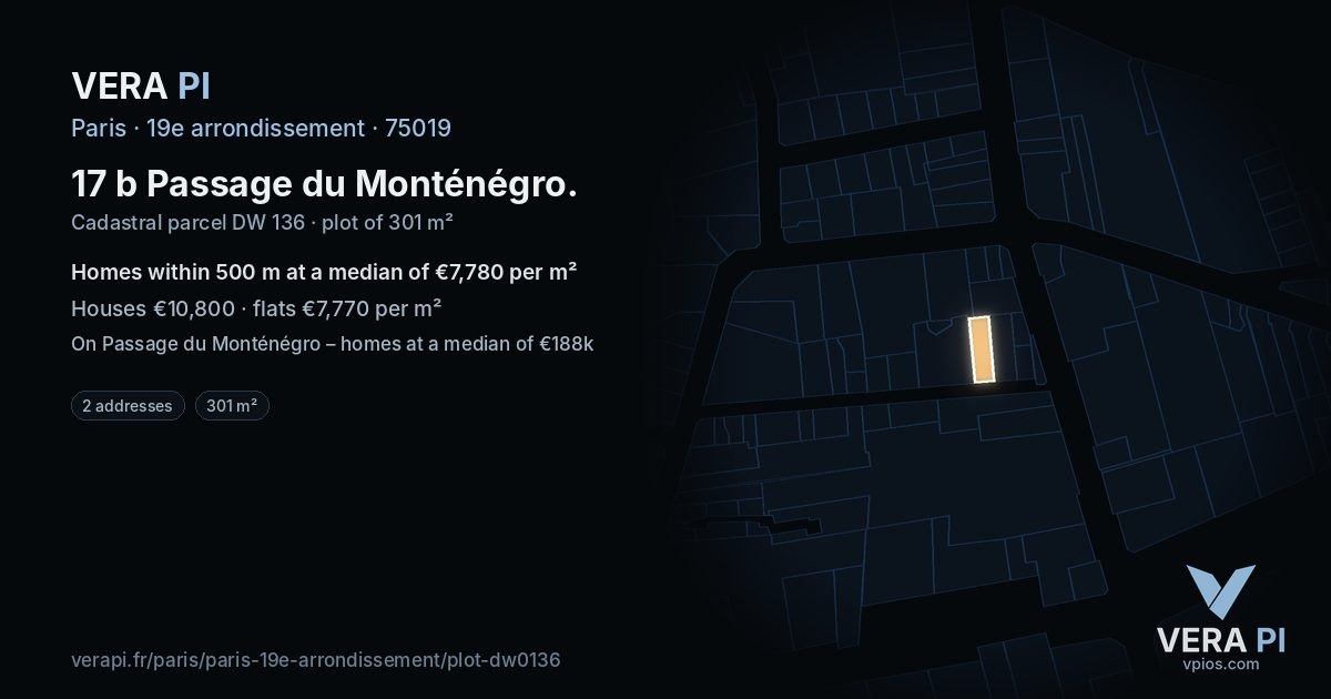 17 b Passage du Monténégro, 19e arrondissement at night – the plot lit, the parcels around coloured by the prices near them