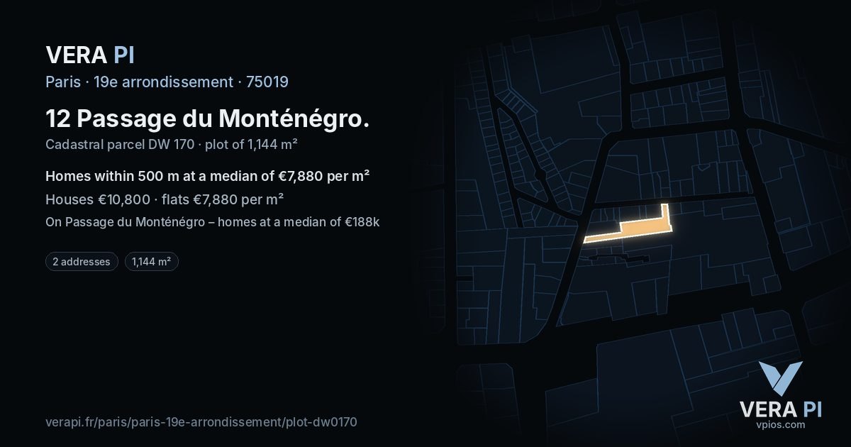 12 Passage du Monténégro, 19e arrondissement at night – the plot lit, the parcels around coloured by the prices near them