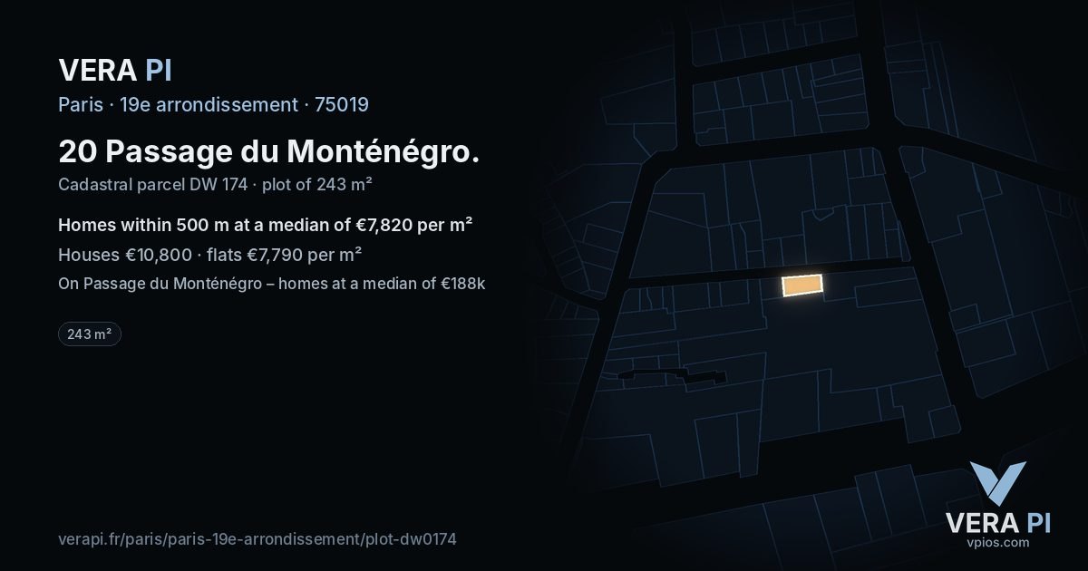 20 Passage du Monténégro, 19e arrondissement at night – the plot lit, the parcels around coloured by the prices near them