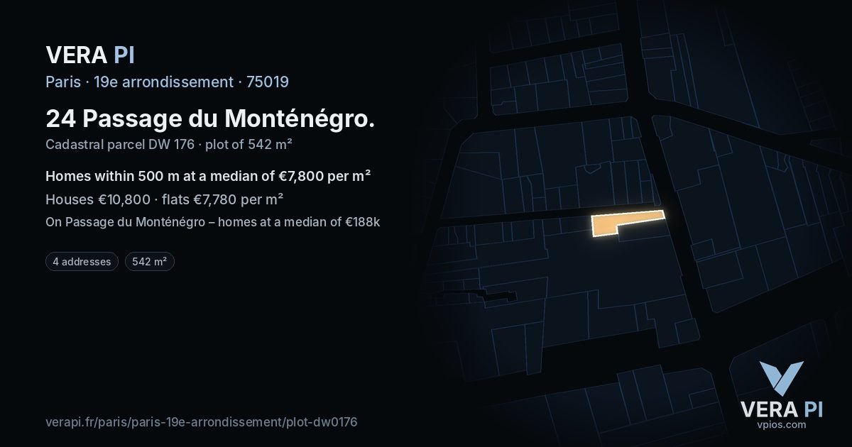 24 Passage du Monténégro, 19e arrondissement at night – the plot lit, the parcels around coloured by the prices near them