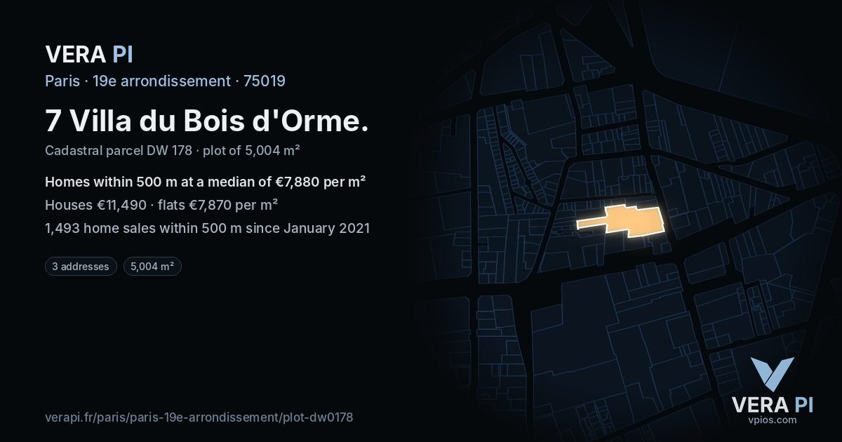 7 Villa du Bois d'Orme, 19e arrondissement at night – the plot lit, the parcels around coloured by the prices near them