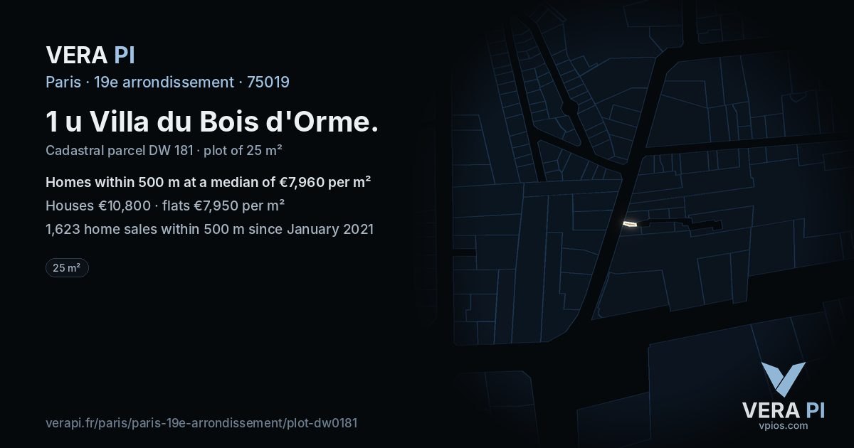 1 u Villa du Bois d'Orme, 19e arrondissement at night – the plot lit, the parcels around coloured by the prices near them