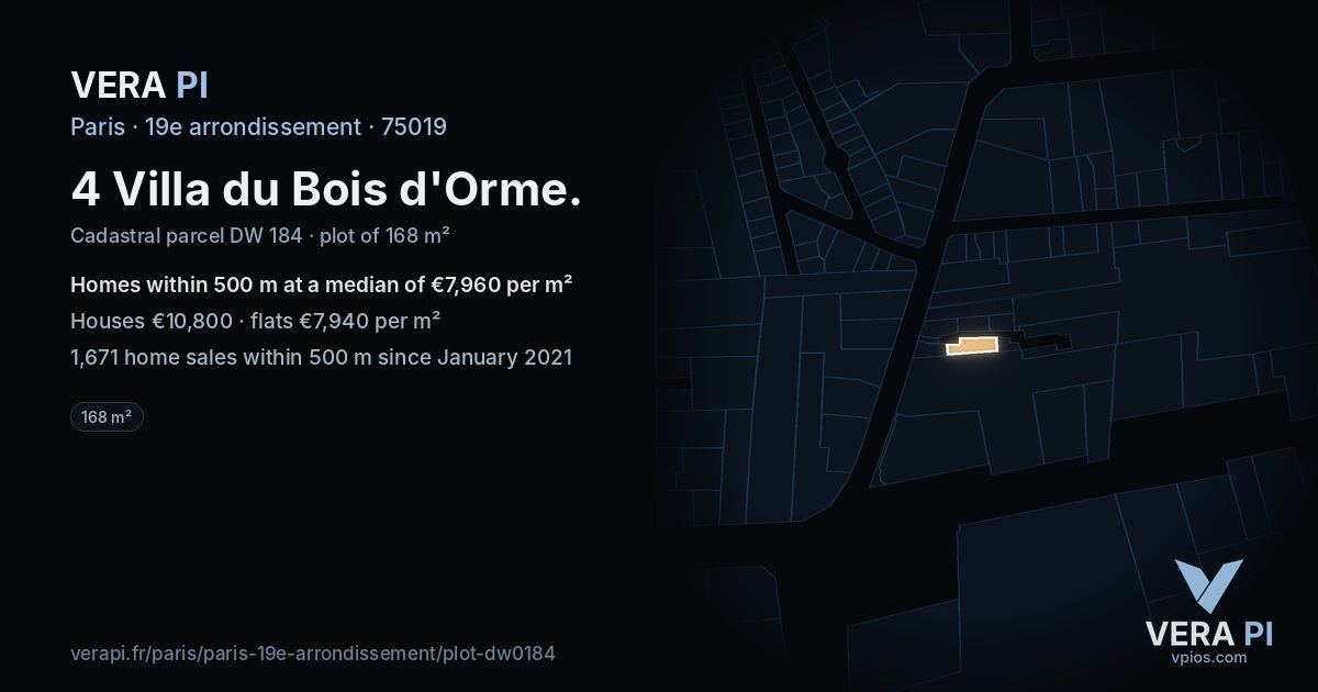 4 Villa du Bois d'Orme, 19e arrondissement at night – the plot lit, the parcels around coloured by the prices near them