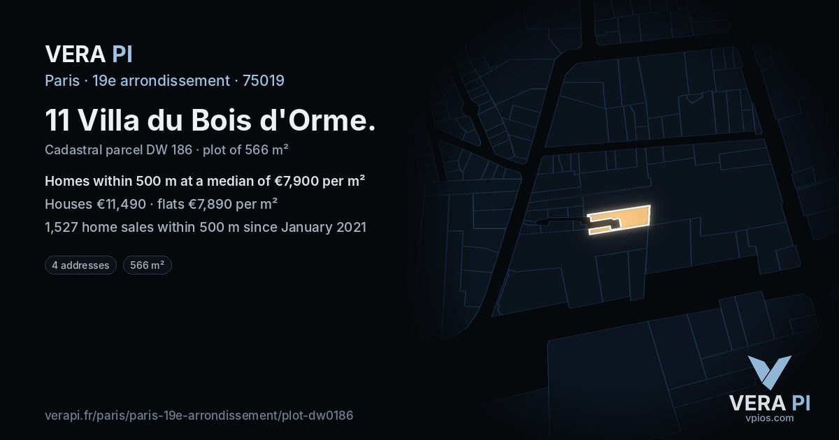 11 Villa du Bois d'Orme, 19e arrondissement at night – the plot lit, the parcels around coloured by the prices near them