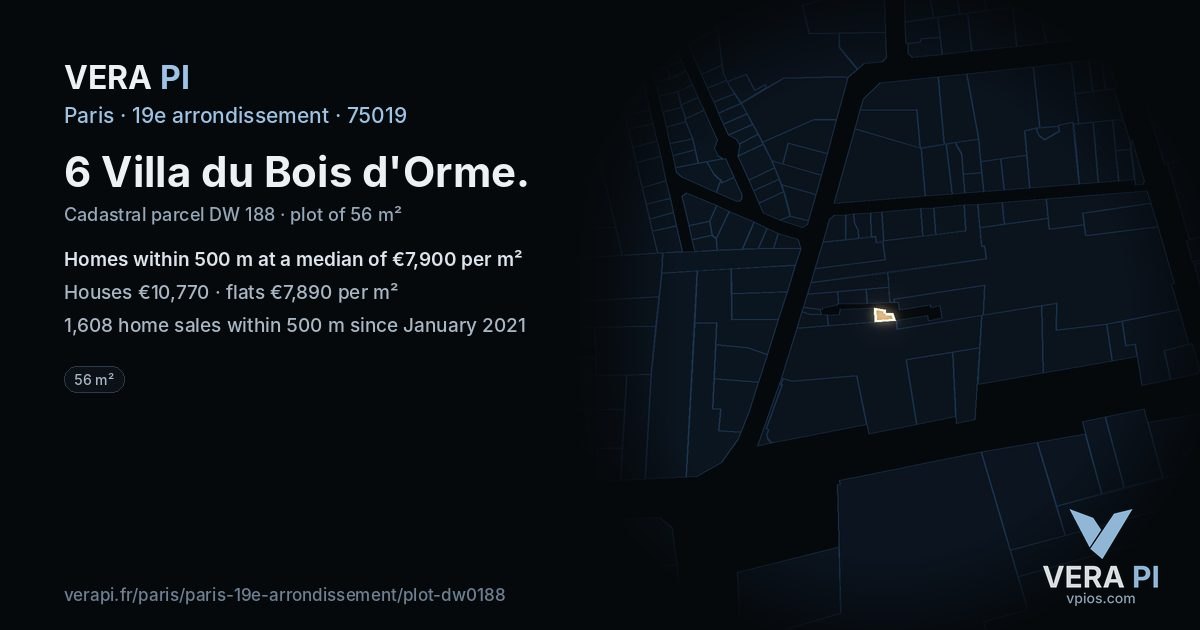 6 Villa du Bois d'Orme, 19e arrondissement at night – the plot lit, the parcels around coloured by the prices near them