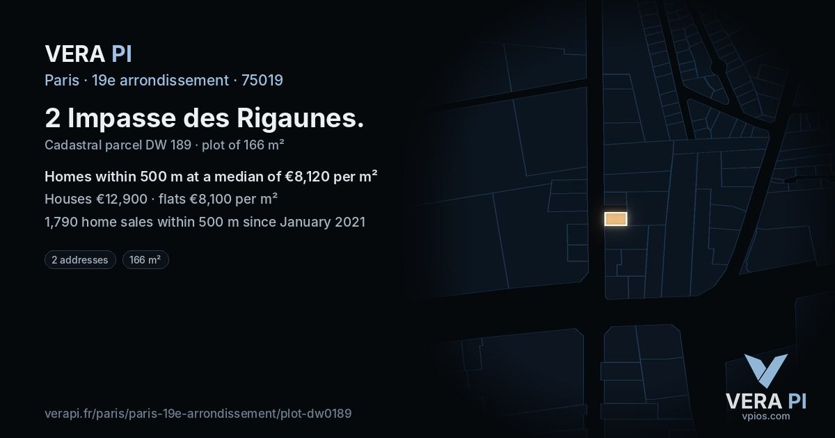 2 Impasse des Rigaunes, 19e arrondissement at night – the plot lit, the parcels around coloured by the prices near them