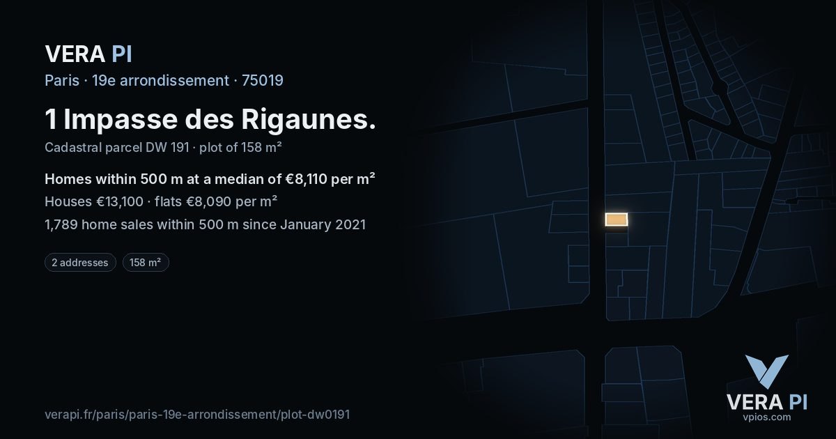 1 Impasse des Rigaunes, 19e arrondissement at night – the plot lit, the parcels around coloured by the prices near them