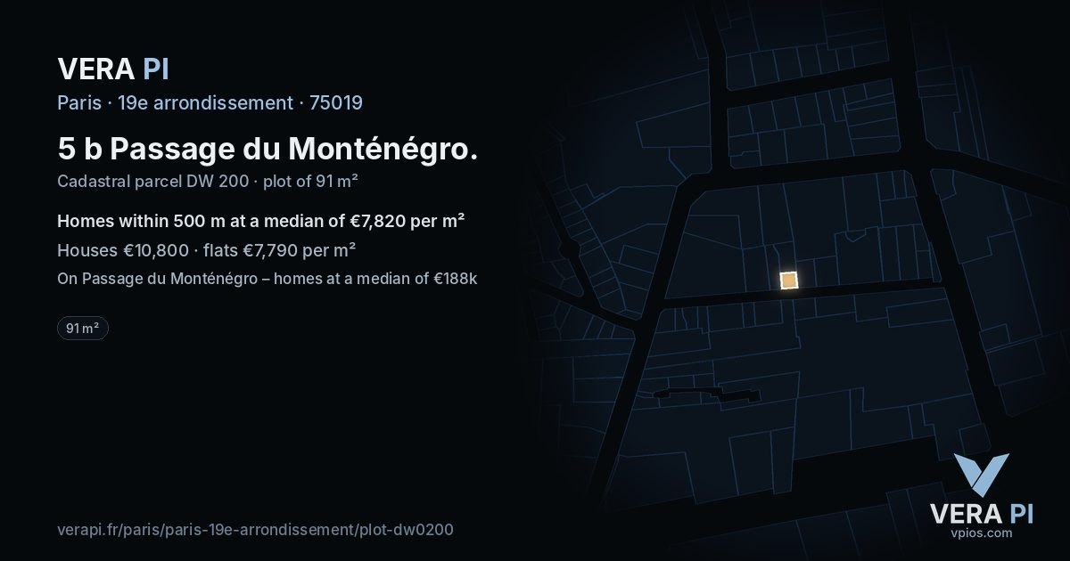 5 b Passage du Monténégro, 19e arrondissement at night – the plot lit, the parcels around coloured by the prices near them