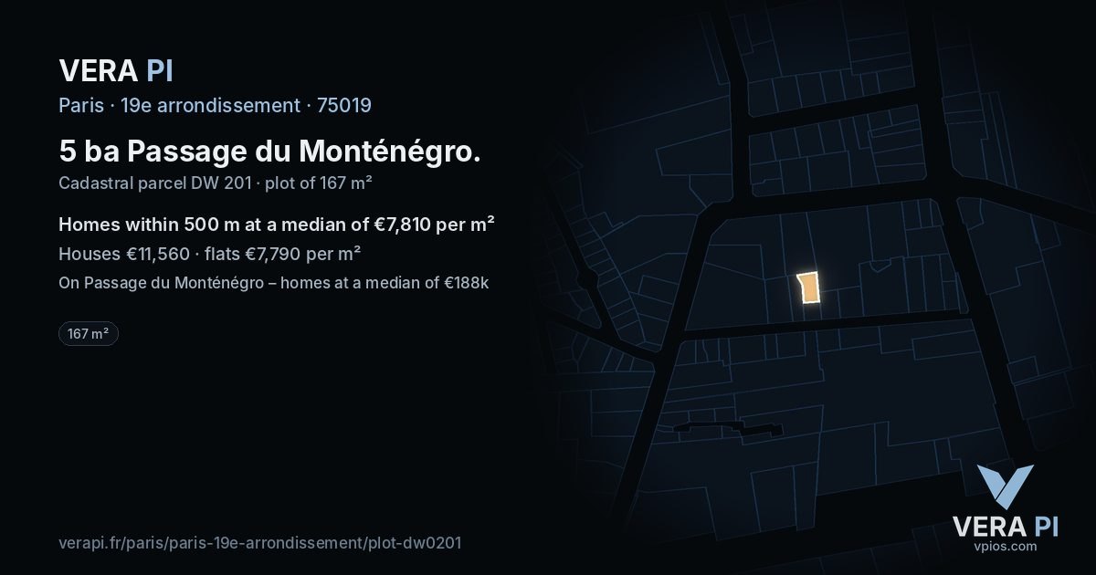 5 ba Passage du Monténégro, 19e arrondissement at night – the plot lit, the parcels around coloured by the prices near them