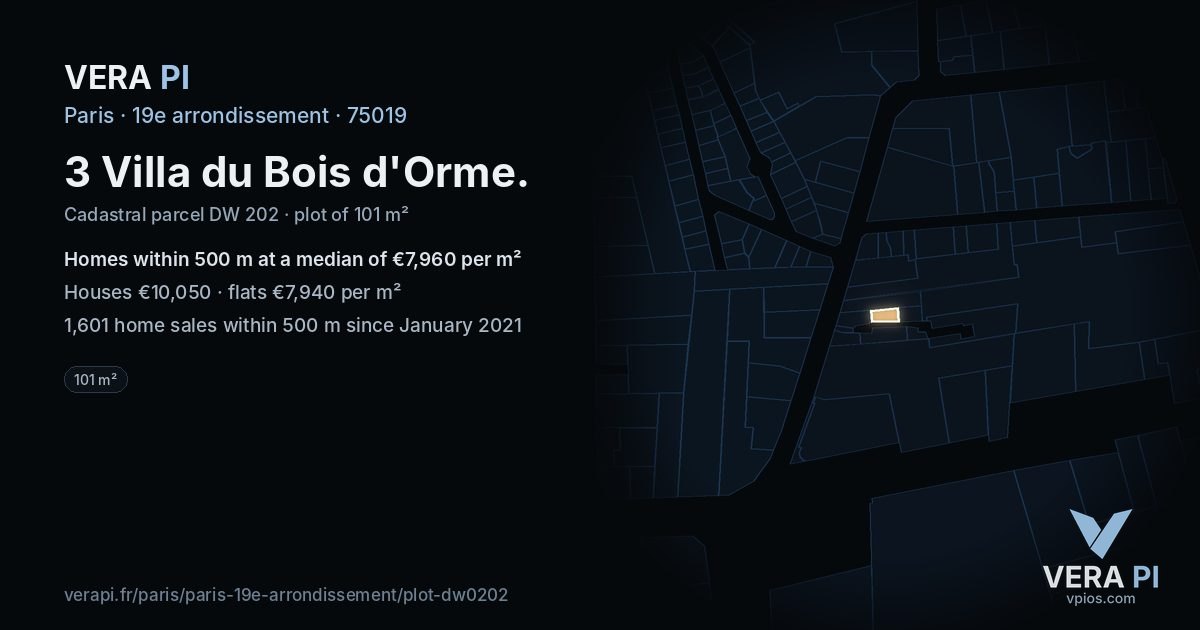 3 Villa du Bois d'Orme, 19e arrondissement at night – the plot lit, the parcels around coloured by the prices near them