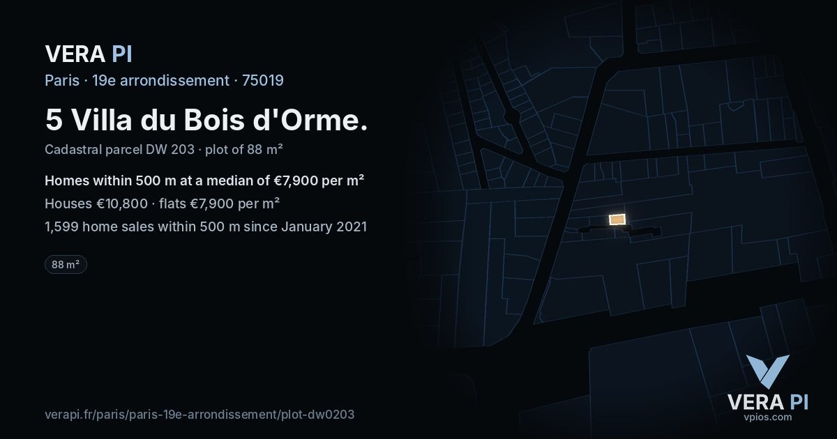 5 Villa du Bois d'Orme, 19e arrondissement at night – the plot lit, the parcels around coloured by the prices near them