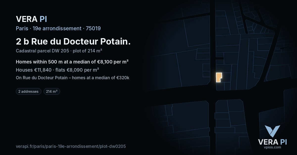 2 b Rue du Docteur Potain, 19e arrondissement at night – the plot lit, the parcels around coloured by the prices near them