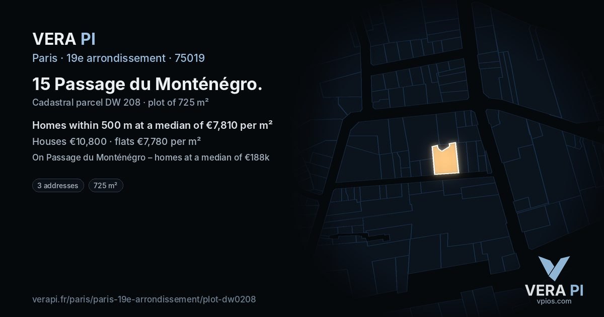15 Passage du Monténégro, 19e arrondissement at night – the plot lit, the parcels around coloured by the prices near them