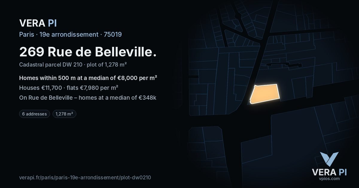 269 Rue de Belleville, 19e arrondissement at night – the plot lit, the parcels around coloured by the prices near them