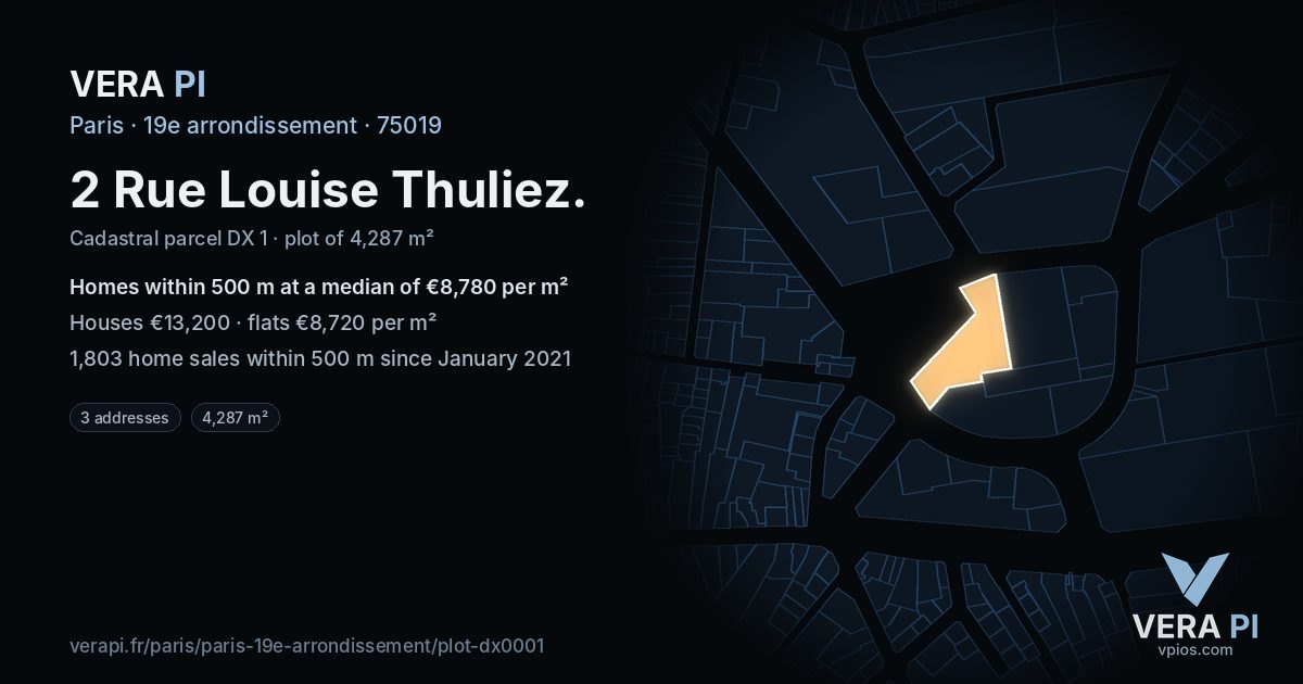 2 Rue Louise Thuliez, 19e arrondissement at night – the plot lit, the parcels around coloured by the prices near them