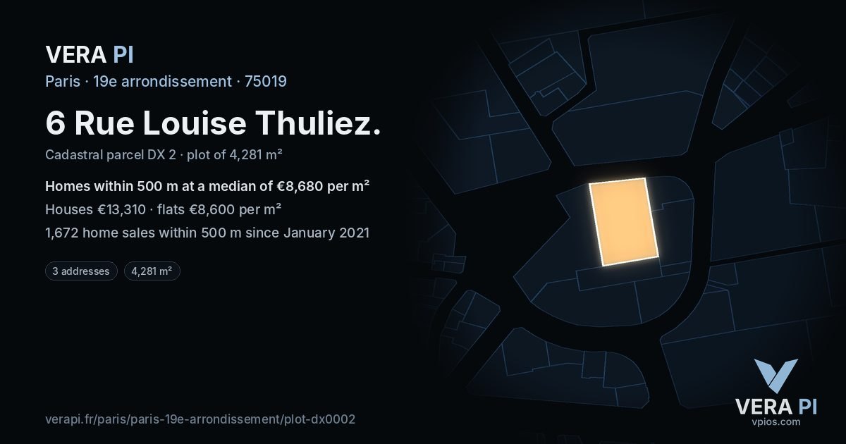 6 Rue Louise Thuliez, 19e arrondissement at night – the plot lit, the parcels around coloured by the prices near them