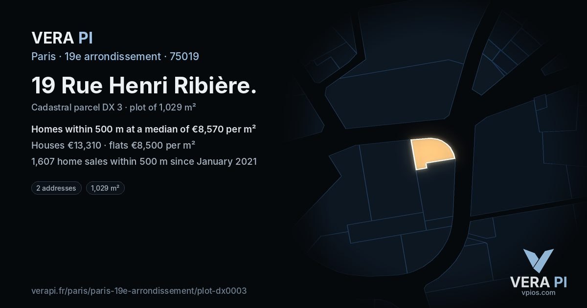 19 Rue Henri Ribière, 19e arrondissement at night – the plot lit, the parcels around coloured by the prices near them