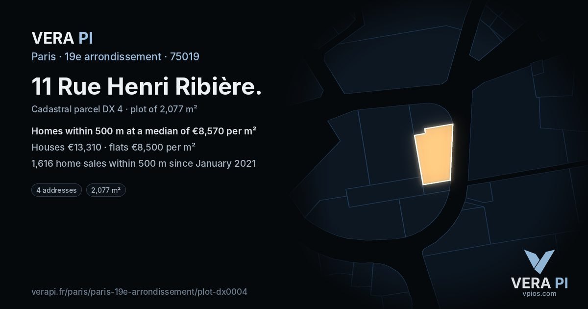 11 Rue Henri Ribière, 19e arrondissement at night – the plot lit, the parcels around coloured by the prices near them