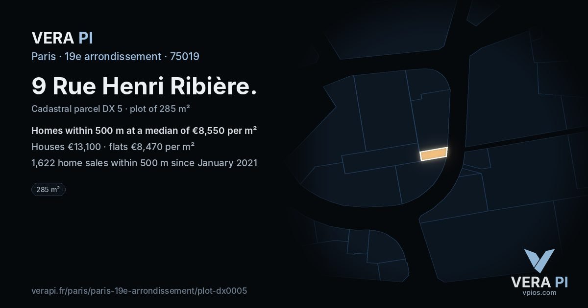 9 Rue Henri Ribière, 19e arrondissement at night – the plot lit, the parcels around coloured by the prices near them