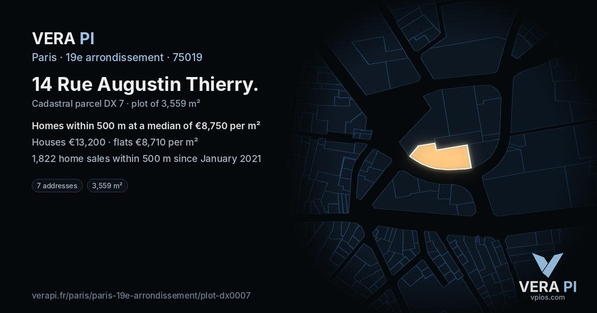 14 Rue Augustin Thierry, 19e arrondissement at night – the plot lit, the parcels around coloured by the prices near them