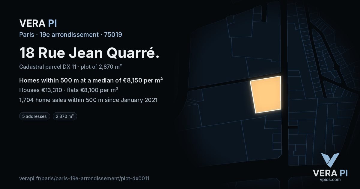 18 Rue Jean Quarré, 19e arrondissement at night – the plot lit, the parcels around coloured by the prices near them