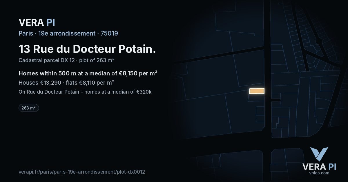 13 Rue du Docteur Potain, 19e arrondissement at night – the plot lit, the parcels around coloured by the prices near them