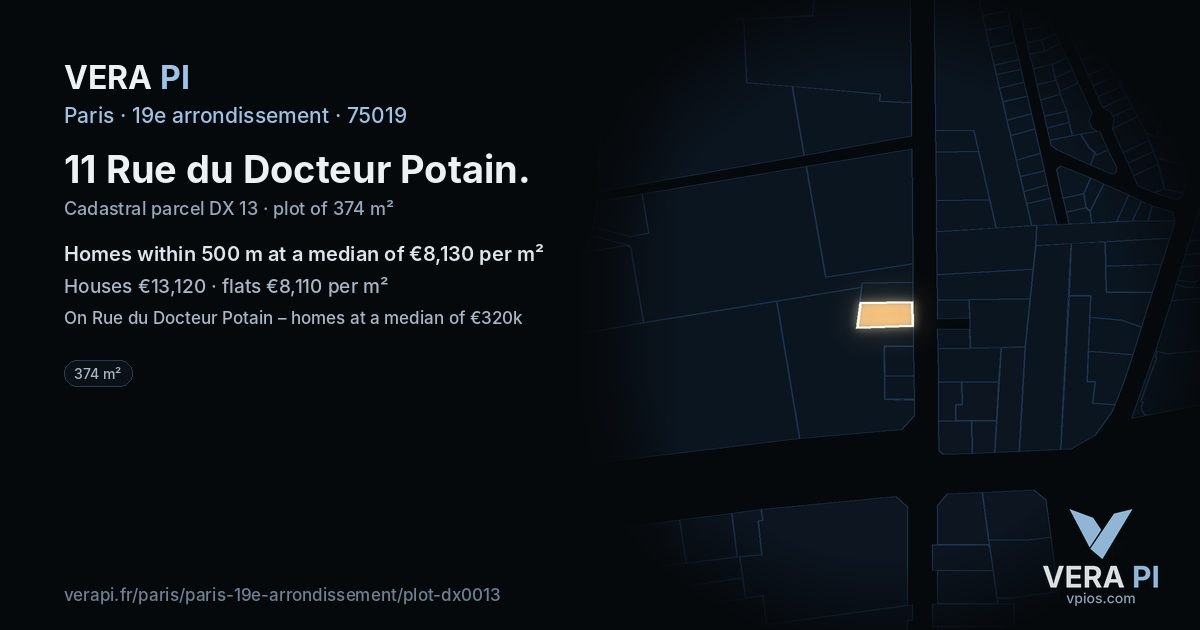 11 Rue du Docteur Potain, 19e arrondissement at night – the plot lit, the parcels around coloured by the prices near them