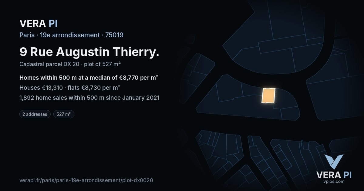 9 Rue Augustin Thierry, 19e arrondissement at night – the plot lit, the parcels around coloured by the prices near them
