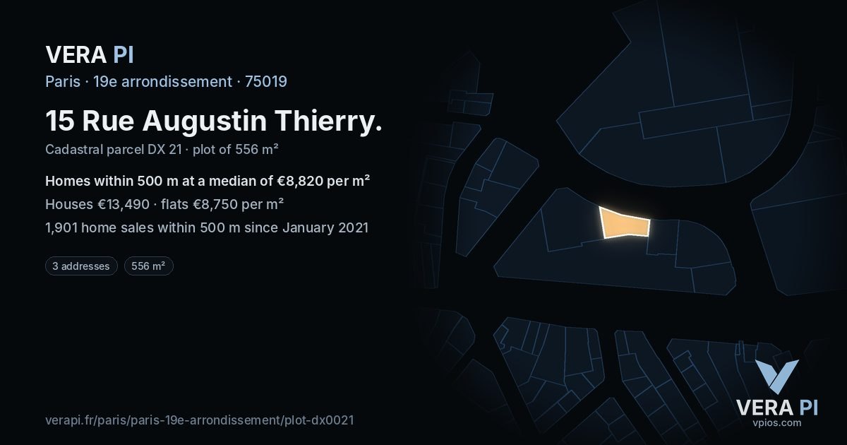 15 Rue Augustin Thierry, 19e arrondissement at night – the plot lit, the parcels around coloured by the prices near them