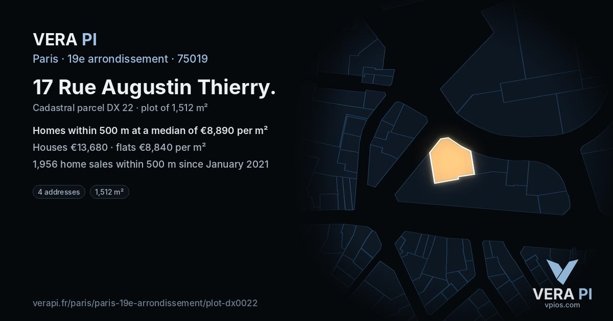 17 Rue Augustin Thierry, 19e arrondissement at night – the plot lit, the parcels around coloured by the prices near them