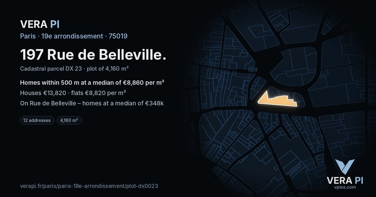 197 Rue de Belleville, 19e arrondissement at night – the plot lit, the parcels around coloured by the prices near them