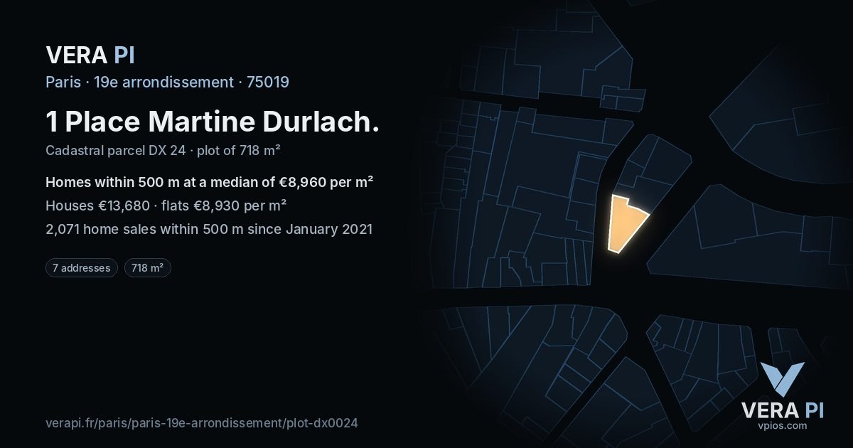 1 Place Martine Durlach, 19e arrondissement at night – the plot lit, the parcels around coloured by the prices near them