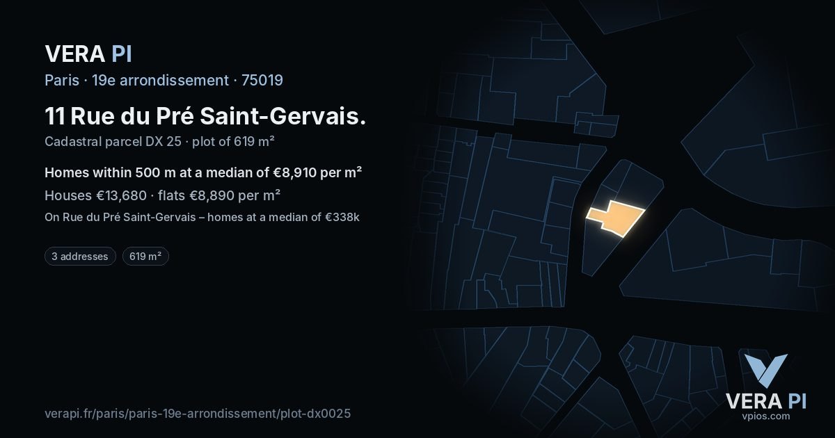 11 Rue du Pré Saint-Gervais, 19e arrondissement at night – the plot lit, the parcels around coloured by the prices near them