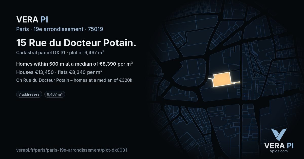 15 Rue du Docteur Potain, 19e arrondissement at night – the plot lit, the parcels around coloured by the prices near them