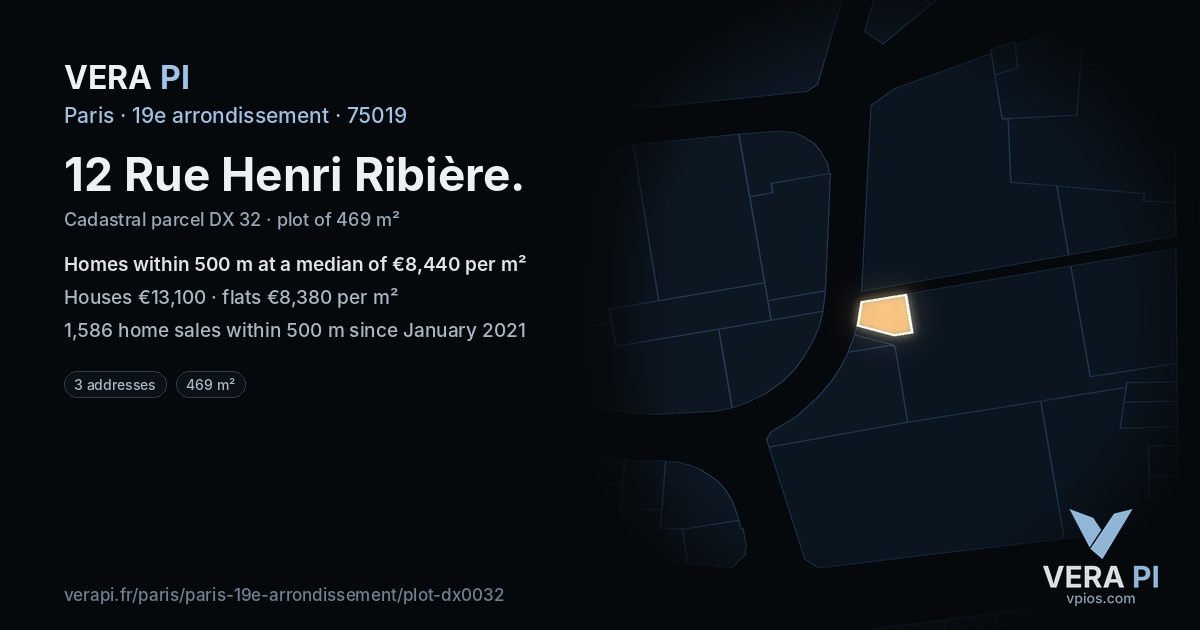 12 Rue Henri Ribière, 19e arrondissement at night – the plot lit, the parcels around coloured by the prices near them