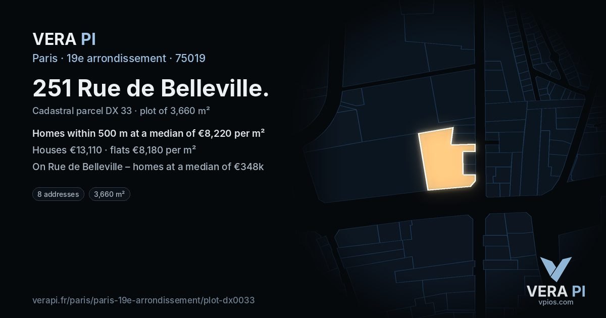 251 Rue de Belleville, 19e arrondissement at night – the plot lit, the parcels around coloured by the prices near them